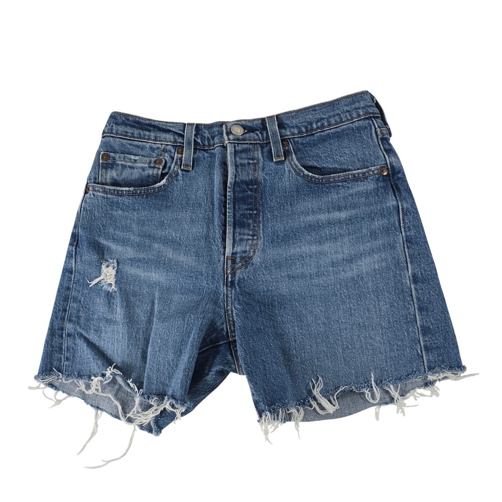 Levis‎ 501 S Womens High Waisted Denim Shorts Blue Medium Wash Button Fly 28